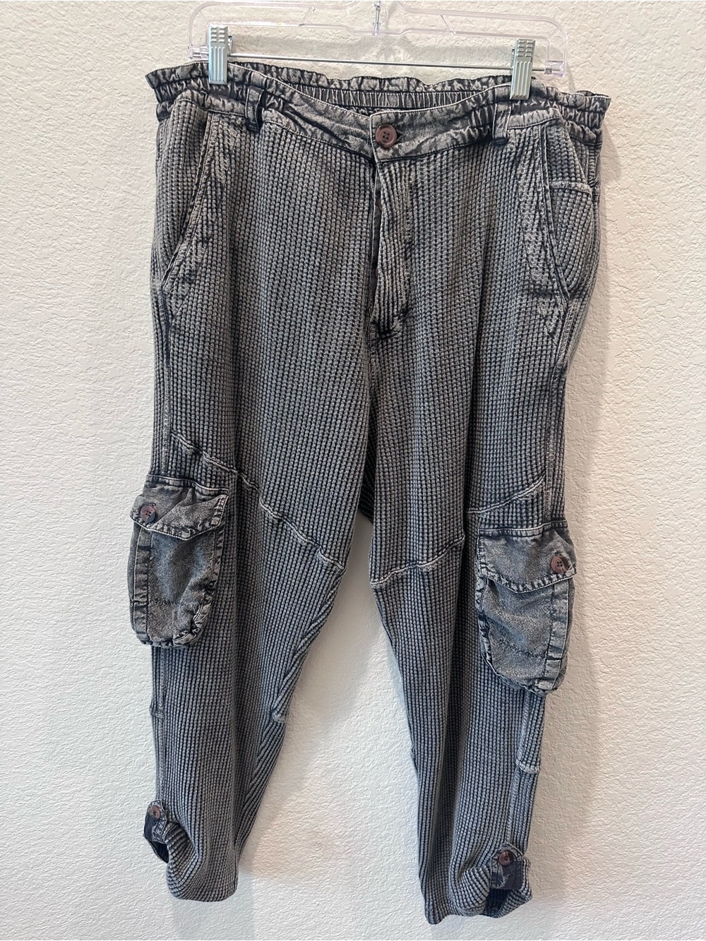 Free People One Waffle Knit Cargo Jogger Pants Acid Wash Gray Size XL